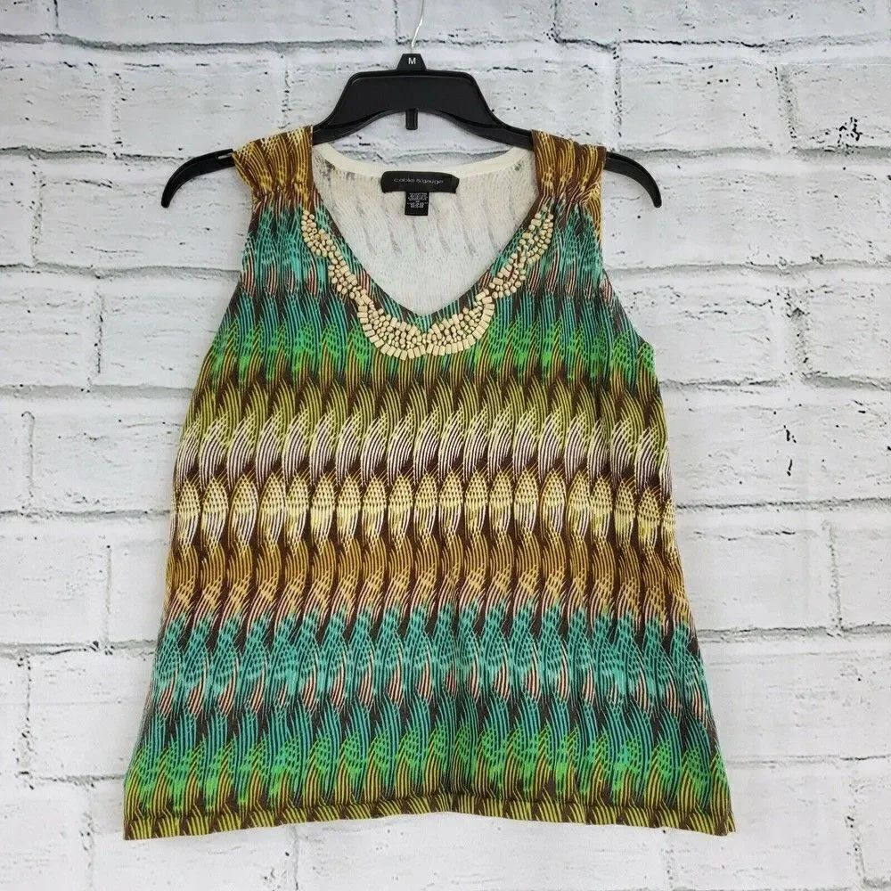 Cable & Gauge Embellished Green Blue Brown Tank Top Womens Medium Cotton